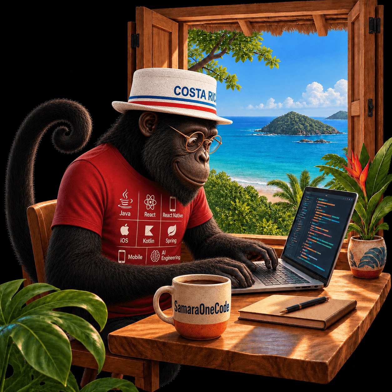 Illustration of a SamaraOneCode developer working remotely with an ocean view, surrounded by the languages and tools we use