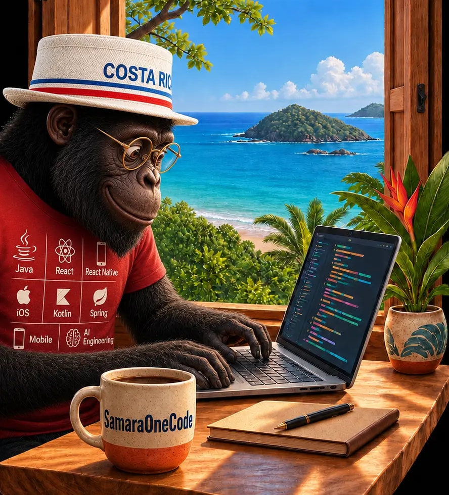 Ilustración: trabajando en un escritorio de madera frente a una ventana abierta sobre la costa costarricense, con la laptop abierta y una taza de café.